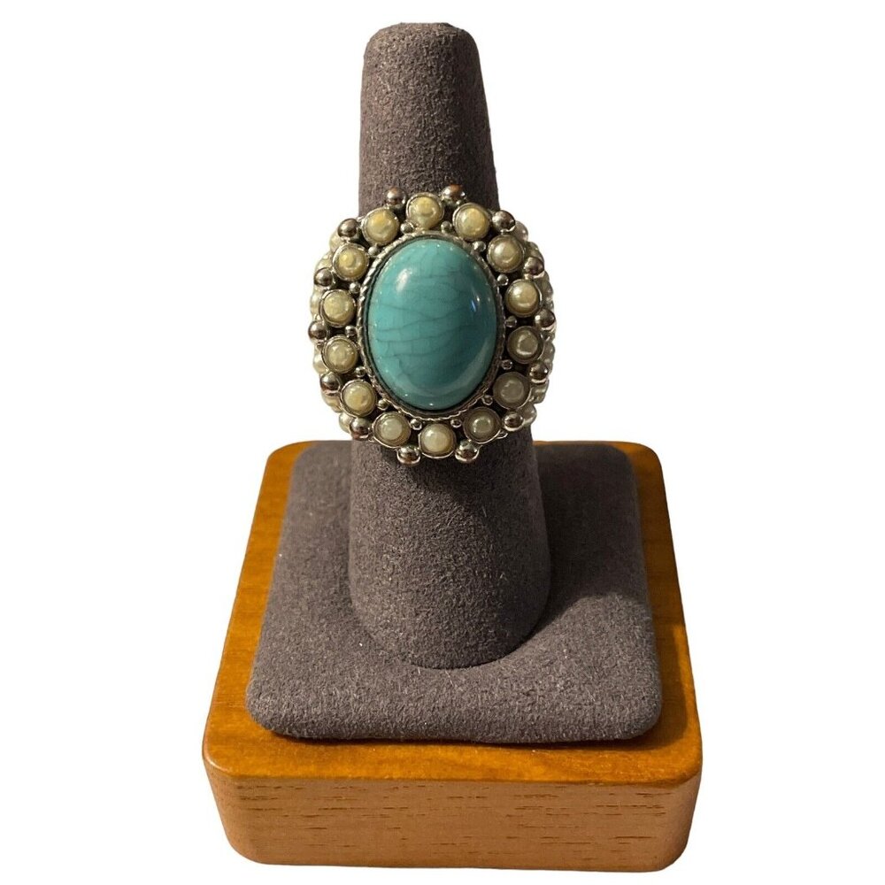 Vintage Chunky Cocktail Ring Stimulated Turquoise Faux Pearl Boho Size‎ 7.25